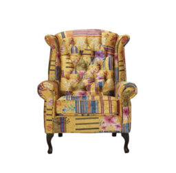 Patchwork Wingback Armchair Fabric Chesterfield Button Back Scroll Arms - thumbnail 2