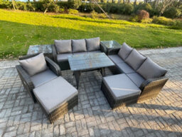Fimous Wicker 8 Pieces Rattan Garden Furniture Sofa Set With Rectangular Dining Table Armchair 2 Big Footstool 2 Side Table - thumbnail 2