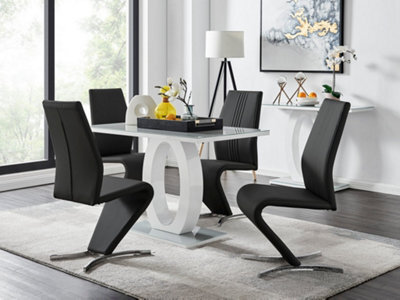 Furniturebox Giovani Rectangular 4 Seat White High Gloss Unique Halo Base Dining Table Grey Glass Top 4 Black Faux Leather Willow Chairs - image 1