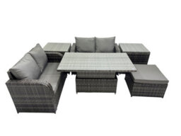 Fimous 5-Seater Patio Height Adjustable Rising Lifting Table Sofa Sets Rattan Garden Furniture Set With Big Stool 2 Side Tables - thumbnail 1
