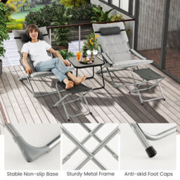 Costway 5Pcs Patio Sling Chair Set Folding Beach Chair W/ Ottoman & Coffee Table - thumbnail 9