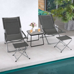 Costway 5Pcs Patio Sling Chair Set Folding Beach Chair W/ Ottoman & Coffee Table - thumbnail 3