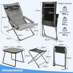 Costway 5Pcs Patio Sling Chair Set Folding Beach Chair W/ Ottoman & Coffee Table - thumbnail 2