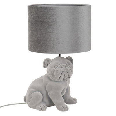 Valuelights Kaia Grey Velvet Bulldog Bedside Table Lamp With A Drum Lampshade Animal Bedroom Light - Bulb Included - image 1