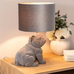 Valuelights Kaia Grey Velvet Bulldog Bedside Table Lamp With A Drum Lampshade Animal Bedroom Light - Bulb Included - thumbnail 3