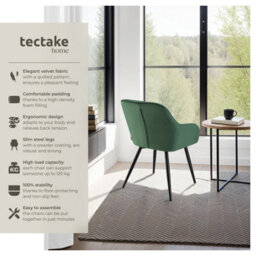 Tectake Set Of 6 Chair Marilyn - Velvet Look, Quilted, Continuous Backrest, Slim Steel Legs  - Dark Green / Black - thumbnail 2