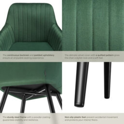 Tectake Set Of 6 Chair Marilyn - Velvet Look, Quilted, Continuous Backrest, Slim Steel Legs  - Dark Green / Black - thumbnail 5
