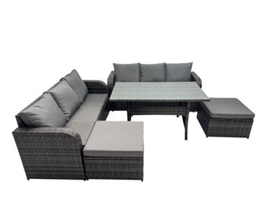 Fimous 8 Seat Outdoor Wicker Pe Rattan Garden Furniture Sets Dining Table Sofa Set With 2 Big Stools Dark Grey Mixed - image 1