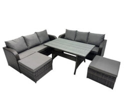 Fimous 8 Seat Outdoor Wicker Pe Rattan Garden Furniture Sets Dining Table Sofa Set With 2 Big Stools Dark Grey Mixed - thumbnail 2