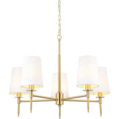 Loops Multi Arm Hanging Ceiling Pendant Light - Satin Brass Plate & Vintage White Fabric Shade - 5 X 6W Led E14 - image 1
