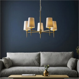 Loops Multi Arm Hanging Ceiling Pendant Light - Satin Brass Plate & Vintage White Fabric Shade - 5 X 6W Led E14 - thumbnail 4