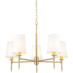 Loops Multi Arm Hanging Ceiling Pendant Light - Satin Brass Plate & Vintage White Fabric Shade - 5 X 6W Led E14