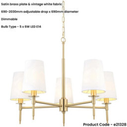 Loops Multi Arm Hanging Ceiling Pendant Light - Satin Brass Plate & Vintage White Fabric Shade - 5 X 6W Led E14 - thumbnail 2