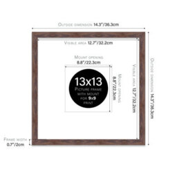 "13X13"" Walnut Picture Frame - 13X13"" Square Frame With 9X9"" Mount For 13X13""/9X9"" Pictures Vintage Style Thin Edge, 1 Pack" - thumbnail 2