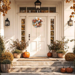 "Amorly Fall Halloween Wreath For Front Door 18"" Door Wreath With White Pumpkins Silk Maple Leaves, Fall Autumn Decorations For Home Porch" - thumbnail 4