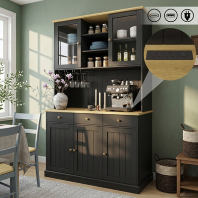 Btm Kitchen Pantry Cabinet, 120X40X191Cm, Power Outlet, Usb Ports, Wine Glass Holder And Adjustable Shelves, Black - image 1