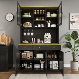 Btm Kitchen Pantry Cabinet, 120X40X191Cm, Power Outlet, Usb Ports, Wine Glass Holder And Adjustable Shelves, Black - thumbnail 8