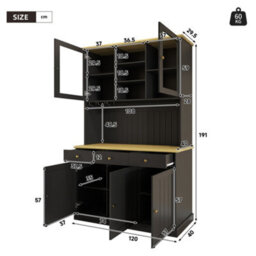 Btm Kitchen Pantry Cabinet, 120X40X191Cm, Power Outlet, Usb Ports, Wine Glass Holder And Adjustable Shelves, Black - thumbnail 9