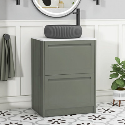 Royal Bathrooms Royal Bathroom Elmore 600mm Matt Green Freestanding Bathroom Vanity Unit 2 Drawer Plain White Worktop With Milan Black Basin - image 1