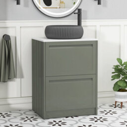 Royal Bathrooms Royal Bathroom Elmore 600mm Matt Green Freestanding Bathroom Vanity Unit 2 Drawer Plain White Worktop With Milan Black Basin - thumbnail 1