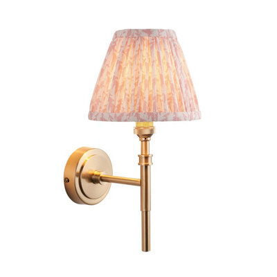 Luminosa Lighting Luminosa Chester Brushed Aged Brass Plate Wall Light With Peachy Keen Fabric Leaf Shade 16Cm B22 - image 1