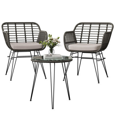 3-Piece Rattan Bistro Set, Patio Conversation Furniture, 2 Cushioned Armchairs, Glass Top Table, For Garden, Patio, Balcony - image 1