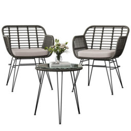3-Piece Rattan Bistro Set, Patio Conversation Furniture, 2 Cushioned Armchairs, Glass Top Table, For Garden, Patio, Balcony - thumbnail 1