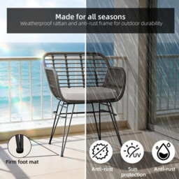 3-Piece Rattan Bistro Set, Patio Conversation Furniture, 2 Cushioned Armchairs, Glass Top Table, For Garden, Patio, Balcony - thumbnail 6
