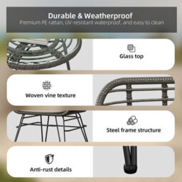 3-Piece Rattan Bistro Set, Patio Conversation Furniture, 2 Cushioned Armchairs, Glass Top Table, For Garden, Patio, Balcony - thumbnail 4