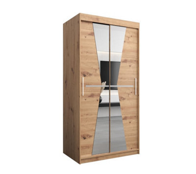 Arte Morocco Contemporary 2 Mirrored Sliding Door Wardrobe 5 Shelves 2 Rails Oak Artisan Effect (H)2000mm (W)1000mm (D)620mm - image 1
