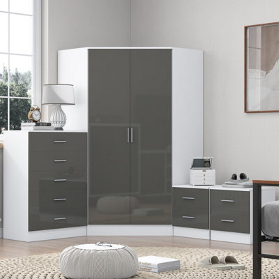 Reflect 2 Door Corner Wardrobe, 5 Drawer Chest, 2X 2 Drawer Bedsides - Grey Gloss & Matt White - Bedroom Furniture Set - image 1