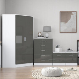 Reflect 2 Door Corner Wardrobe, 5 Drawer Chest, 2X 2 Drawer Bedsides - Grey Gloss & Matt White - Bedroom Furniture Set - thumbnail 3