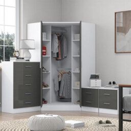 Reflect 2 Door Corner Wardrobe, 5 Drawer Chest, 2X 2 Drawer Bedsides - Grey Gloss & Matt White - Bedroom Furniture Set - thumbnail 2