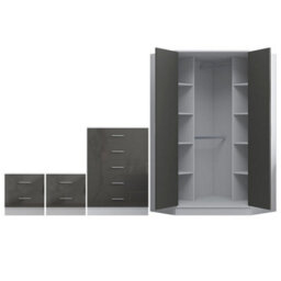 Reflect 2 Door Corner Wardrobe, 5 Drawer Chest, 2X 2 Drawer Bedsides - Grey Gloss & Matt White - Bedroom Furniture Set - thumbnail 7