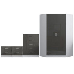 Reflect 2 Door Corner Wardrobe, 5 Drawer Chest, 2X 2 Drawer Bedsides - Grey Gloss & Matt White - Bedroom Furniture Set - thumbnail 6