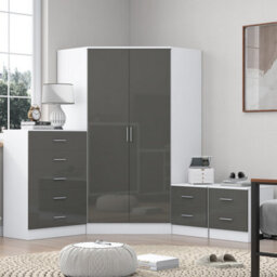 Reflect 2 Door Corner Wardrobe, 5 Drawer Chest, 2X 2 Drawer Bedsides - Grey Gloss & Matt White - Bedroom Furniture Set