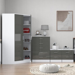 Reflect 2 Door Corner Wardrobe, 5 Drawer Chest, 2X 2 Drawer Bedsides - Grey Gloss & Matt White - Bedroom Furniture Set - thumbnail 4