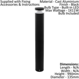 Stylish Ip44 Outdoor Bollard Light With Built-In Led - Black Cast Aluminium 11W - thumbnail 2
