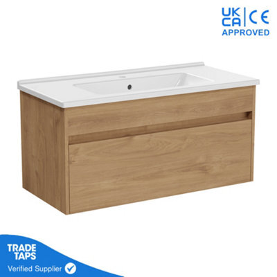Vitra 1000mm Wall Hung Bathroom Vanity Unit With 1 Drawer & Basin - Golden Oak