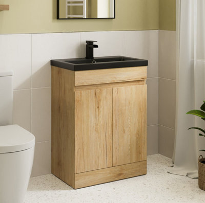 Affine 600mm Bathroom Vanity Unit Black Basin Furniture Floorstanding Soft Close Oak - image 1