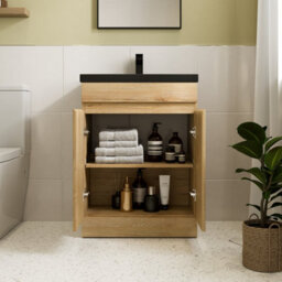 Affine 600mm Bathroom Vanity Unit Black Basin Furniture Floorstanding Soft Close Oak - thumbnail 2