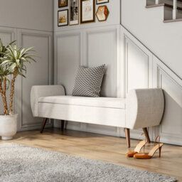Living And Home Beige Linen Upholstered Storage Ottoman Bench Bed End Bench With Wood Legs W 1510 X D 470 X H 550 mm