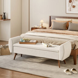 Living And Home Beige Linen Upholstered Storage Ottoman Bench Bed End Bench With Wood Legs W 1510 X D 470 X H 550 mm - thumbnail 2