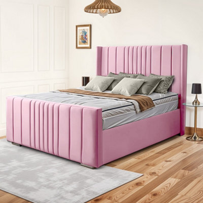 UKBEDFURNITURE Balmoral Wingback Pink Plush Valvet Upholstered Bed Frame - Blackboard With 10 Inch Orthopedic Mattress - 48 Inch Headboard - image 1