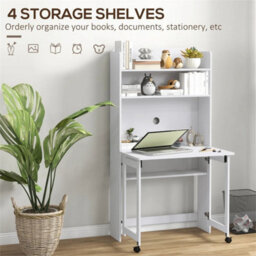 Computer Desk With Foldable Desktop And Storage Shelves, Study Table, White - thumbnail 4