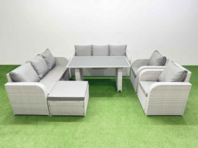 Fimous 9 Seater Wicker Pe Rattan Furniture Outdoor Dining Table 3 Seater Sofa Reclining Chair Set With Big Stool Light Grey - image 1