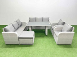 Fimous 9 Seater Wicker Pe Rattan Furniture Outdoor Dining Table 3 Seater Sofa Reclining Chair Set With Big Stool Light Grey - thumbnail 2