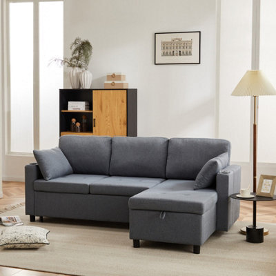L-Shaped Convertible Corner Sofa Bed With Storage Under Seat For Living Room Grey - image 1