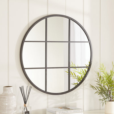 The Furniture Market Industrial Medium Round Black Framed Metal Window Wall Mirror 80Cm Diameter - image 1