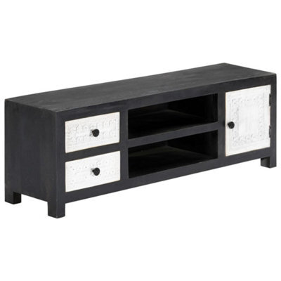 Berkfield Elegant Hand Carved Tv Cabinet Grey&white 120X30X40 Cm Solid Wood Mango - image 1